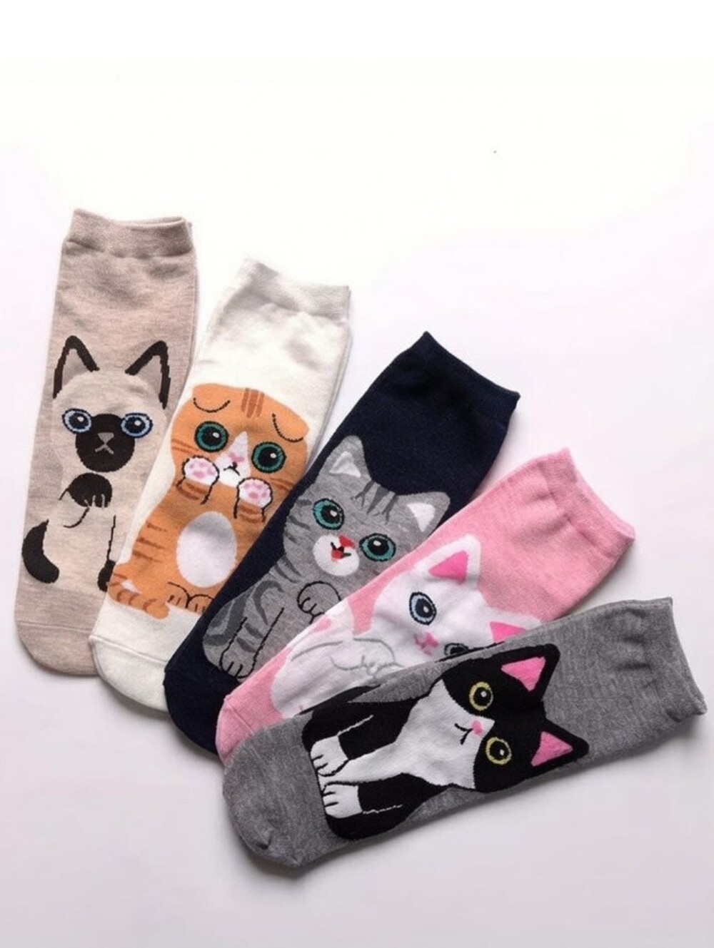 NWT 5 Pair Cat Face Ankle Socks Mixed Colors Cute Cartoon Cats - Picture 2 of 6